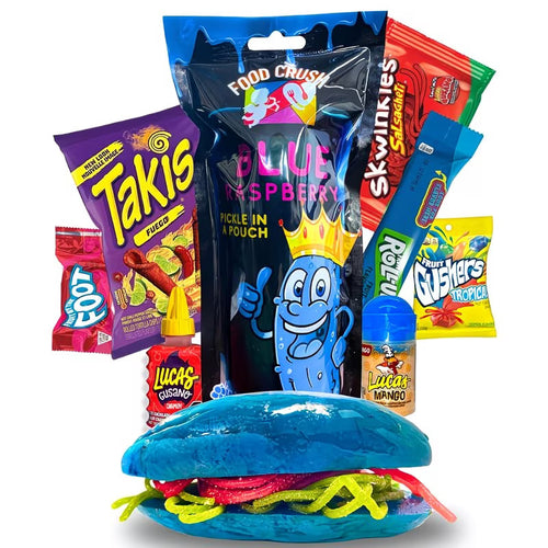 Raspberry Pickle Kit With Takis-Mexican Candy (Dulces Mexicano) with Takis, Fruit Roll up, gushers, Lucas Gusano Chamoy Sauce and more